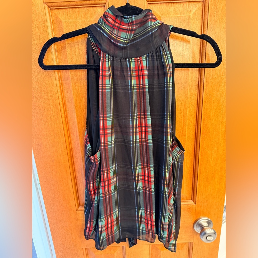 Plaid Sleeveless High-Neck Blouse - Black Multi